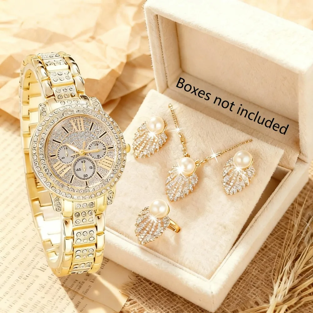 

5 шт./компл. элегантные женские часы, модные женские кварцевые наручные часы со стразами, комплект ювелирных изделий с жемчугом, часы для девочек Reloj Mujer (без коробки)