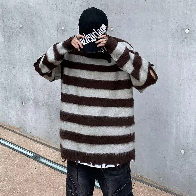 Sweaters Men Hole Striped Slouchy Knitwear Normcore European Preppy Style Prevalent Youthful Vitality Baggy Advanced Irregular