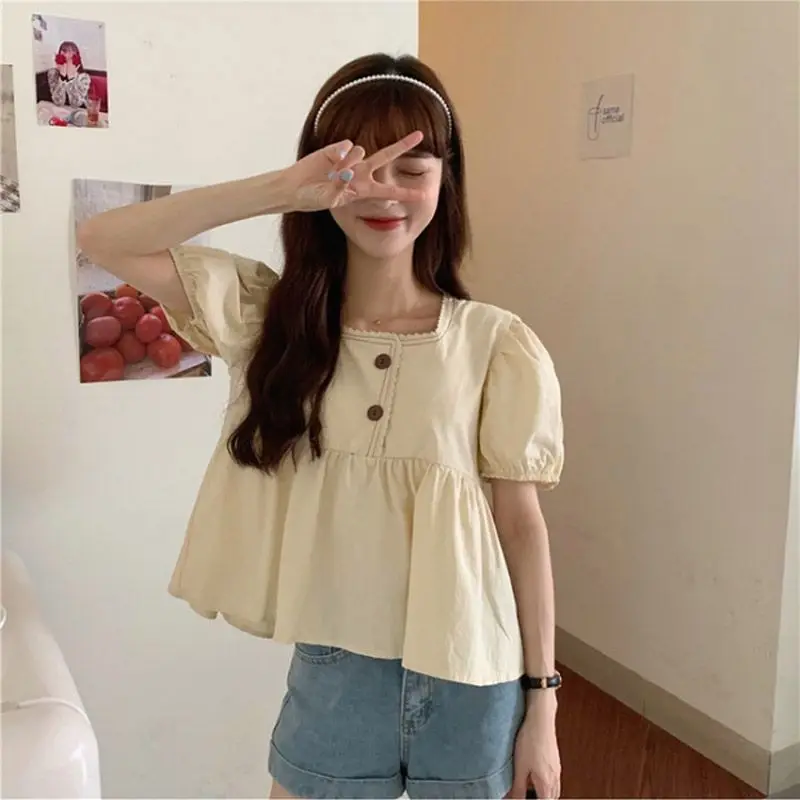 Ruffles Shirts and Blouses Korea Puff Short Sleeve Top Women 2024 Summer Button Sweet Blouses Cute Elegant Solid White Clothes