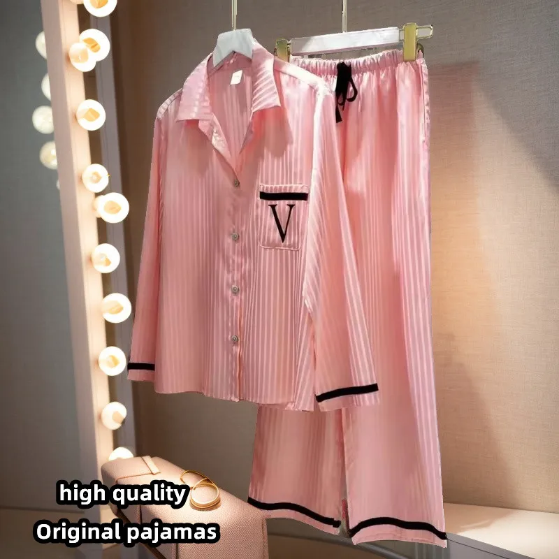 Autumn Long-sleeved Women\'s Silk Pajamas Two-piece Set Pink Striped Satin Cardigan Shirt Pants Set Luxury Fashion Home Wear