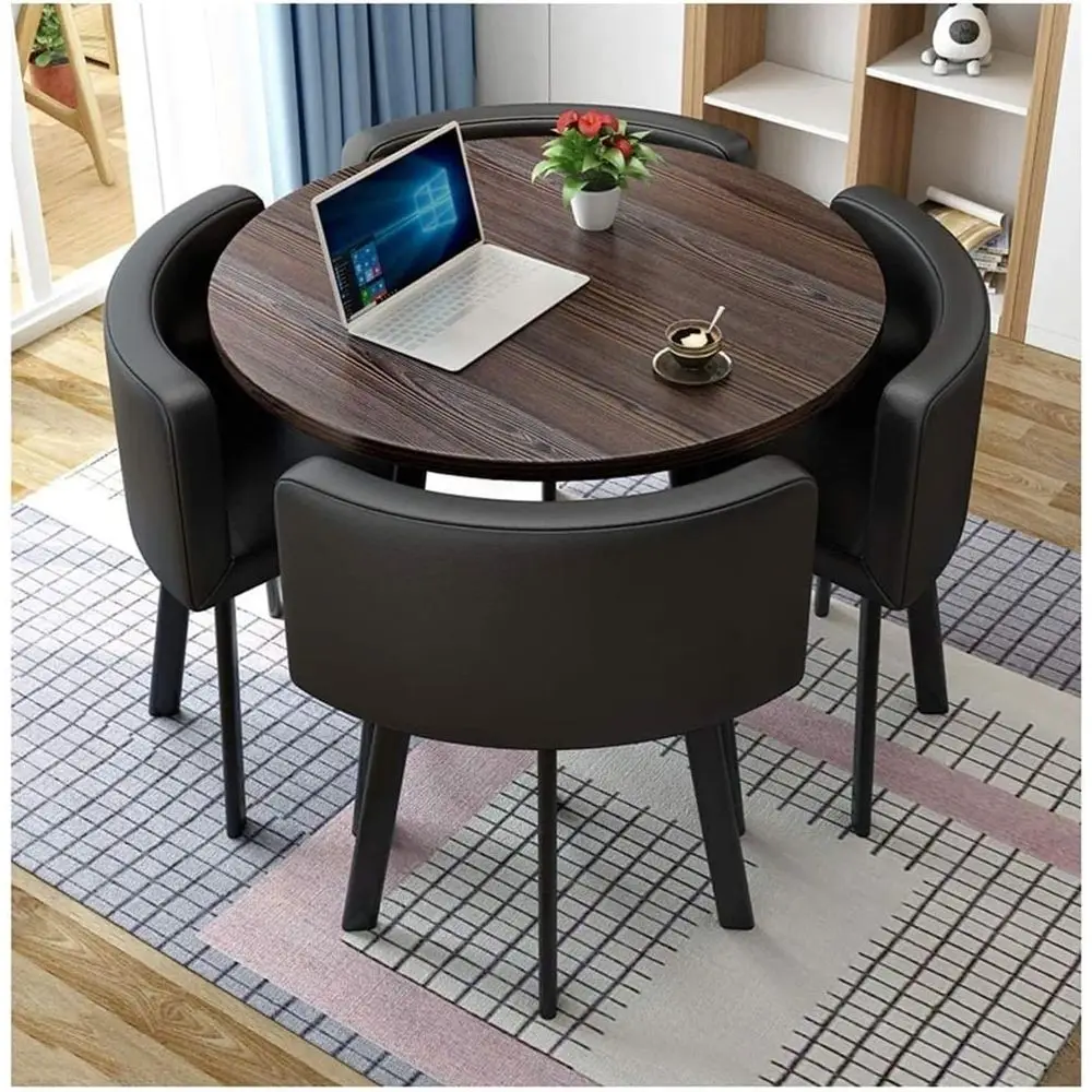 

Conference Room Coffee Table with 4 Chairs, Compact Furniture for Business Hotel Lobby, Round Wooden Dining Set, Small Meeting R