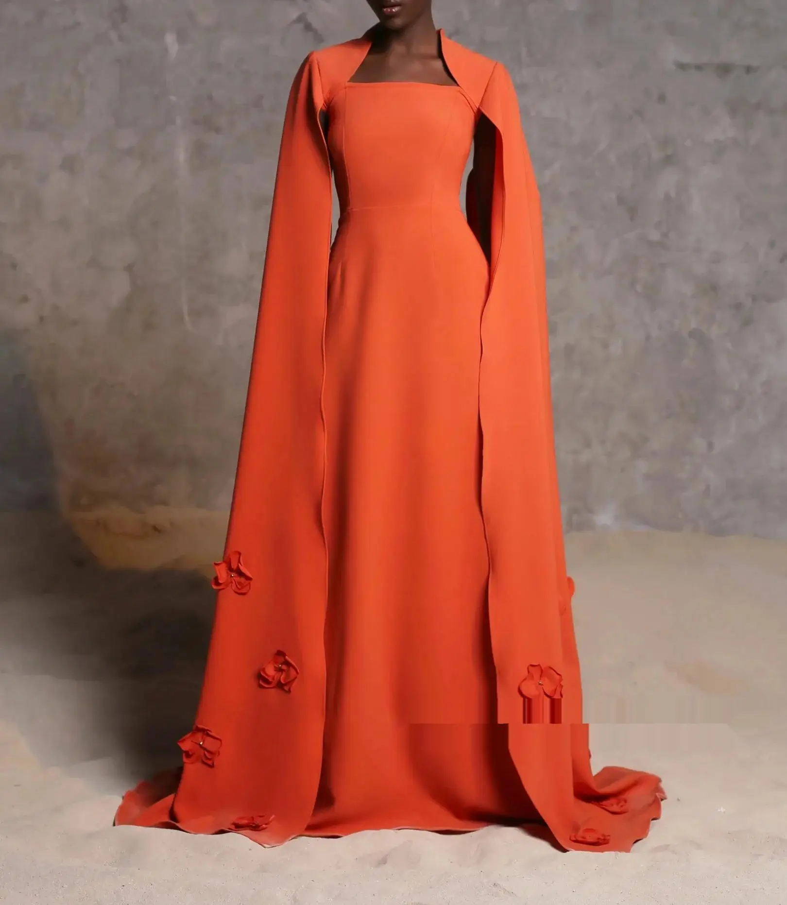 Wedding Party Dress Orange Square Collar Evening Dresses with Long Cape Sleeves Floor Length Mermaid Formal Occasions Dress