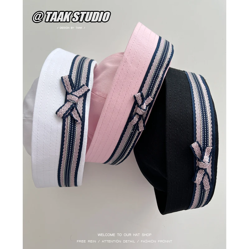 Spice Girl Style Japanese Bow Flip Brim Sailor Caps for Women Spring and Summer Travel Fashion Niche Versatile Berets Hats Y2k