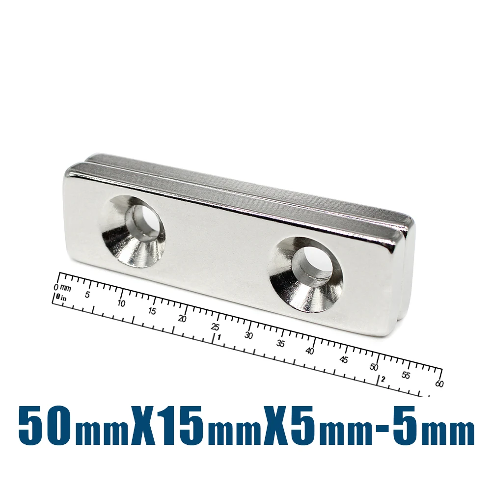 1/2/5PCS 50x15x5-5mm Long Strip Block Neodymium Magnet with Holes Countersunk Quadrate Permanent Super Strong N35 Fridge Magnet