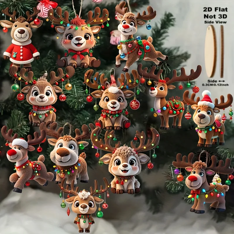 12-teiliges Weihnachts-Elch-2D-Holzanhänger-Weihnachtsfeier-Dekorationsset für Weihnachtsbaumschmuck, perfektes Weihnachtsgeschenk für den Innenbereich