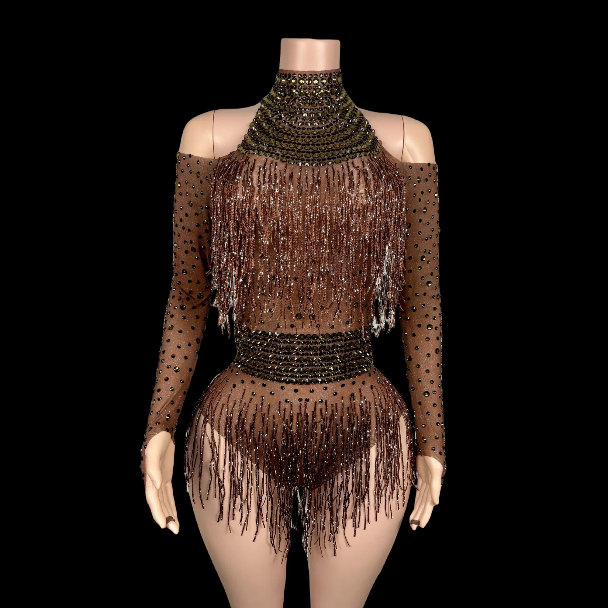 Flashing Brown Rhinestones Fringes Leotard Birthday Celebrate Transparent Sexy Bodysuit Costume Fancy Long Sleeves Outfit nvtuan