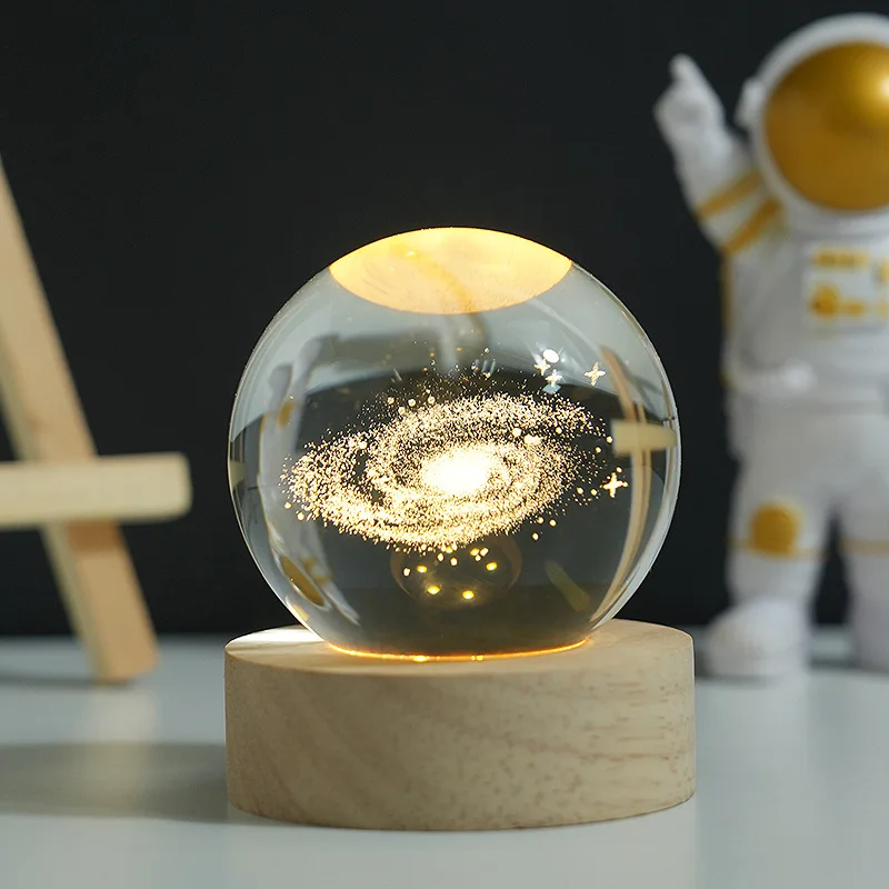 3D crystal ball, carved wooden base, solar system balloon, planetary night light, birthday gift, home desktop decoration