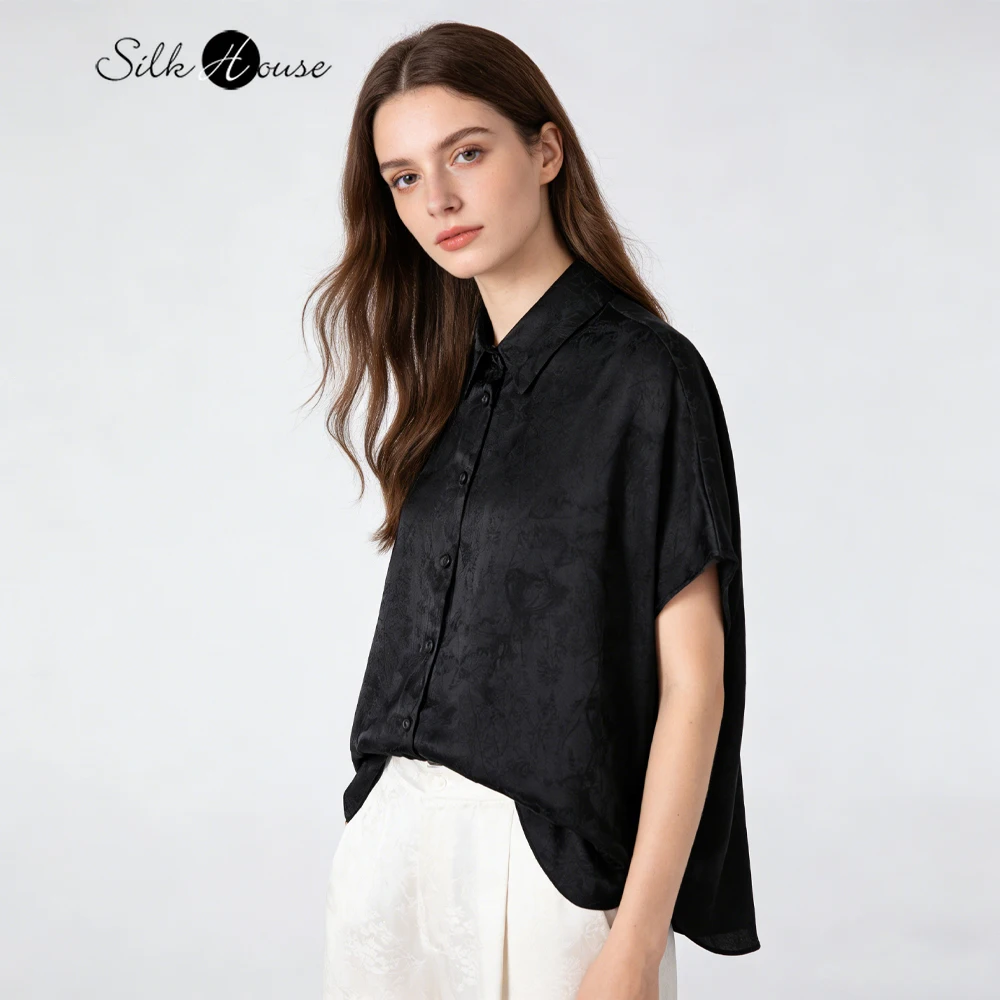 

Women's Casual Summer Clothing Black 100% Natural Mulberry Silk Jacquard Satin Glossy Texture Lapel Batwing Sleeves Loose Shirt