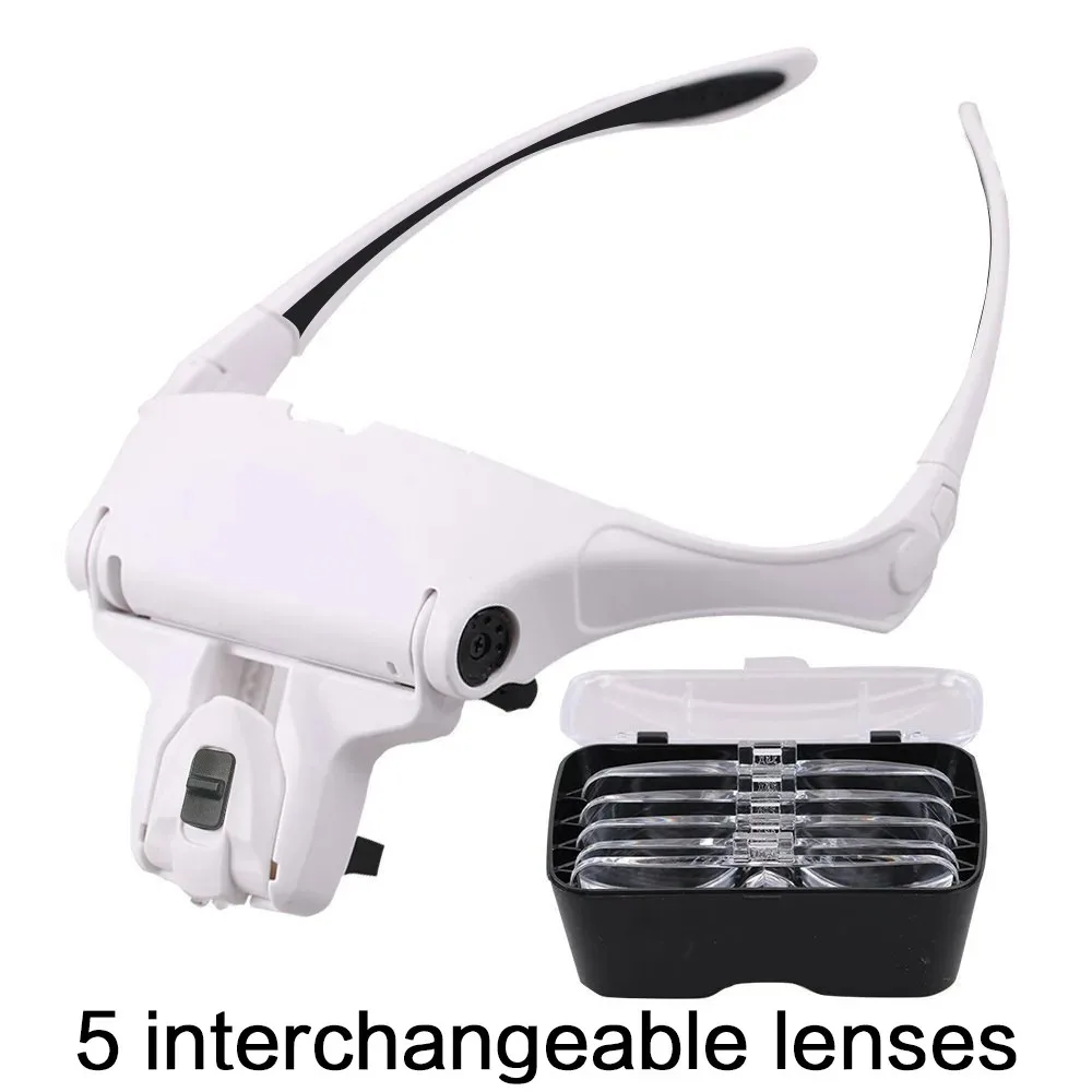 Head Mounted Magnifier 10X to 35X with LED Light 5 Interchangeable Lenses Adjustable Comfortable Headband