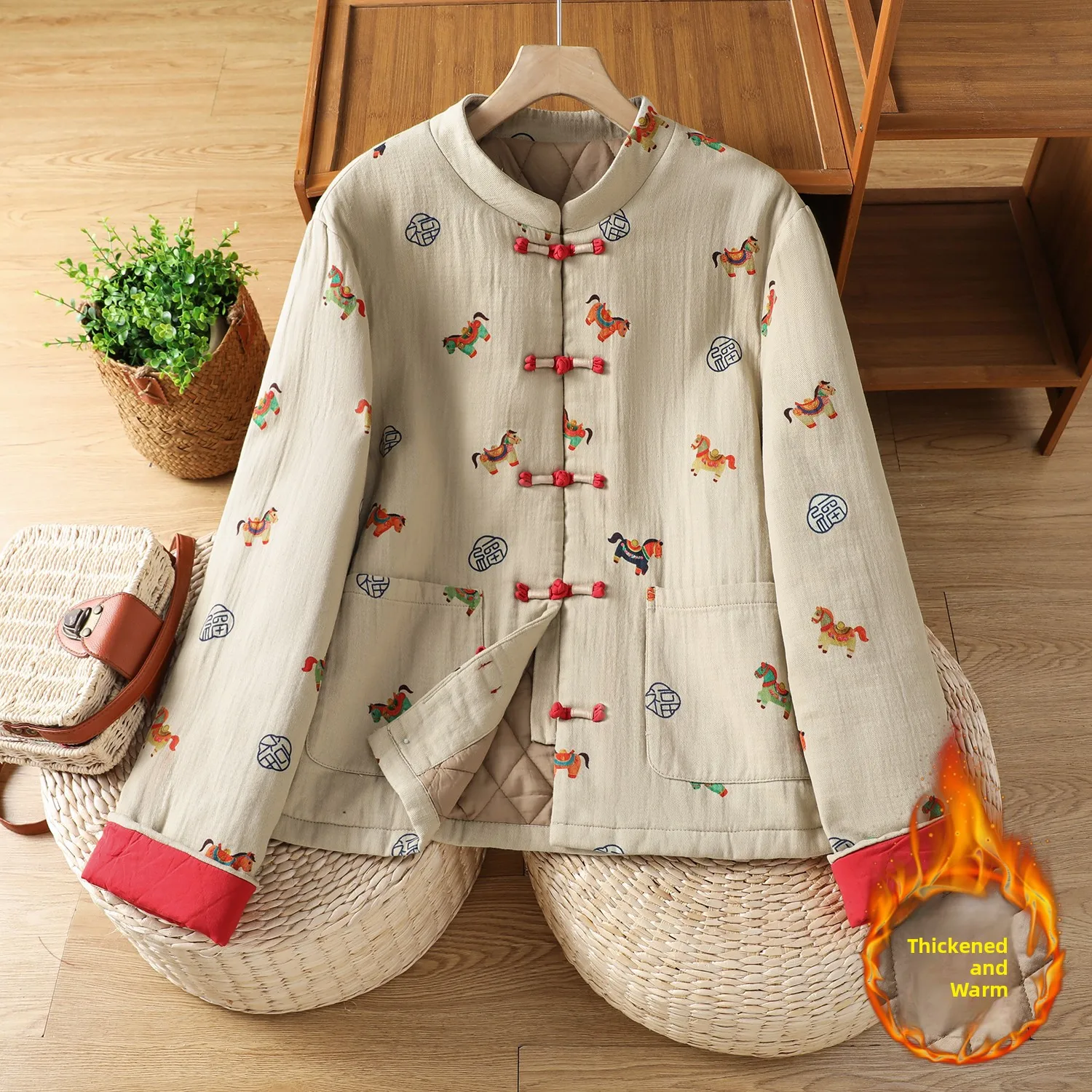 

Loose Ethnic Sle Printed Cotton Jaet Women's Winter Thiened Warm Top Coat Chinese Sle Button Straight Tube Long Sve