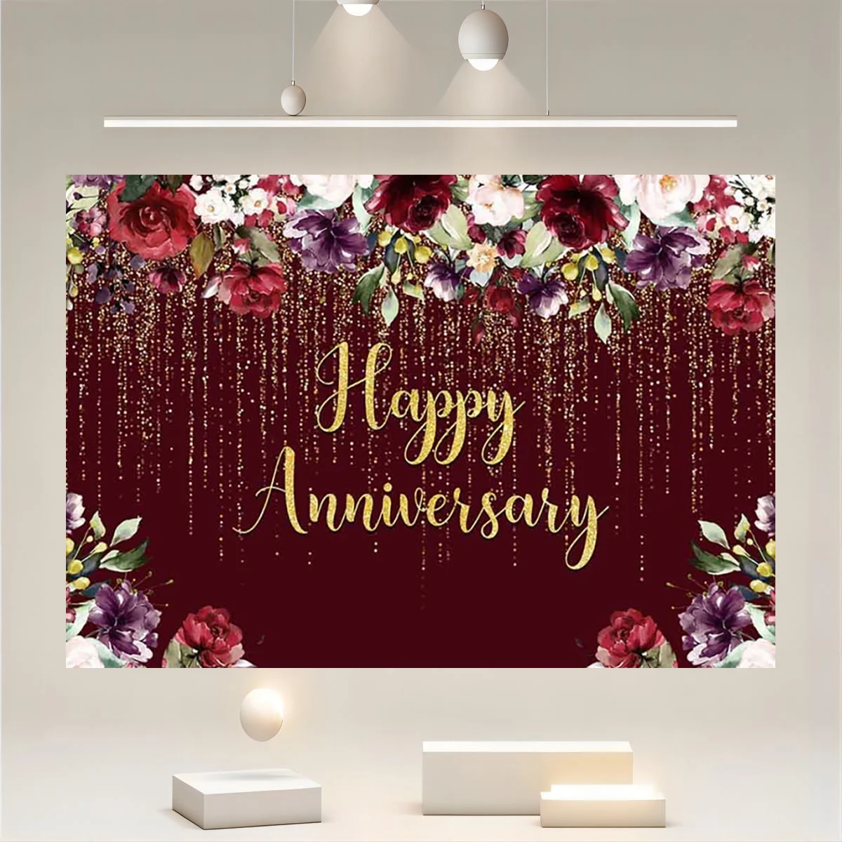 Happy Birthday Golden Sparkle Wine Red Wedding Anniversary Background Couple Wedding Ladies Birthday Flower Party Decoration