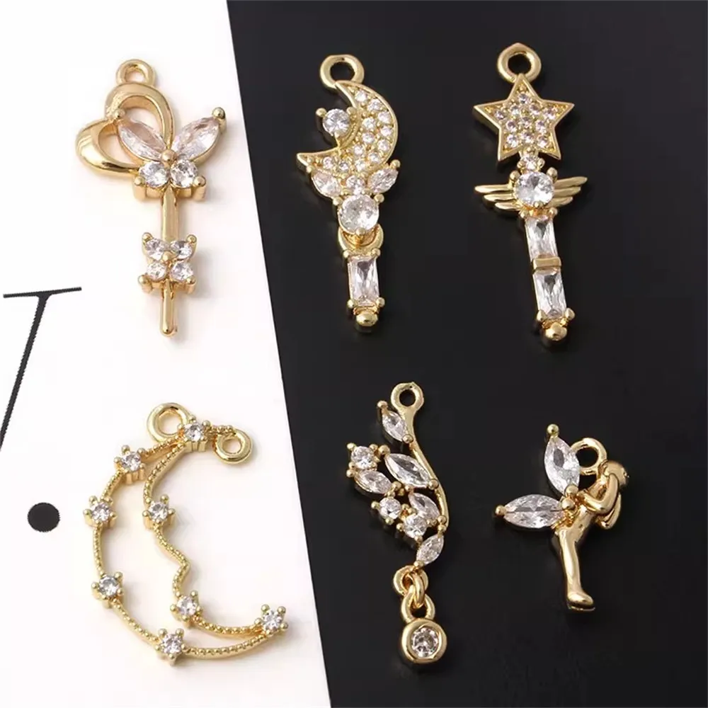 

Copper-plated Real Gold Inlaid Zircon Imitation Fairy Wand Moon Insect Spirit Small Pendant DIY Necklace Ear Accessory