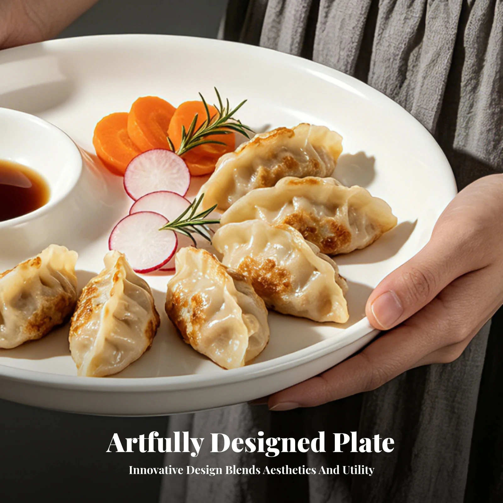 Plate with Dipping Bowl Dumpling Plate with Sauce Dish Bisphenol A-Free Safe Reusable Tableware 3 Compartment Snack Dish Shallow