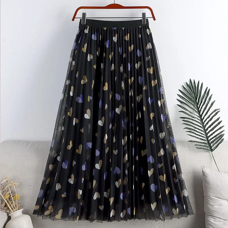 Women Love Print Pleated Fairy Sweet Chic Tulle Midi Skirt 2023 Summer Fashion Elegant Mesh High Waist Beach A Line Skirts Jupe