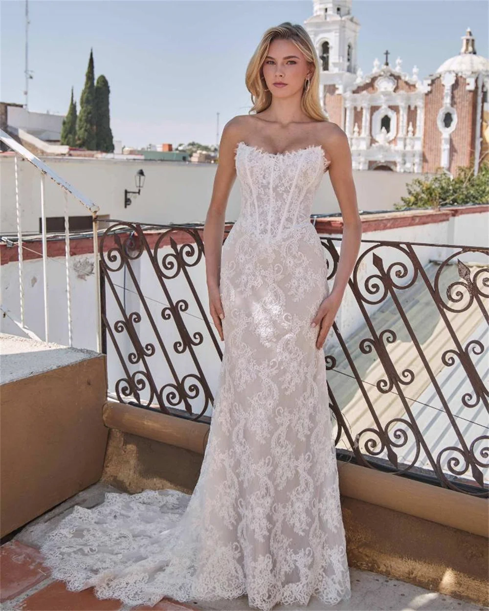 Kyoto personnalisé ivoire dentelle Appliques sirène robe de mariée sans bretelles fermeture éclair dos robes de noche balayage Train soirée formelle 2025