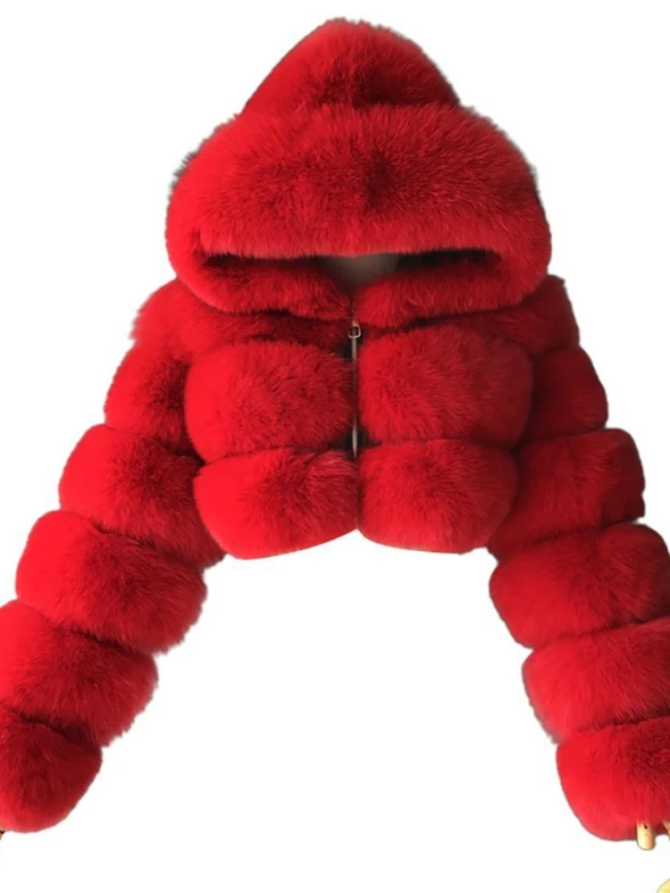 Women's Hooded Cropped Faux Fox Fur Jacket Fluffy Short Fake Fur Coat Warm Winter Plush Outerwear for Ladies