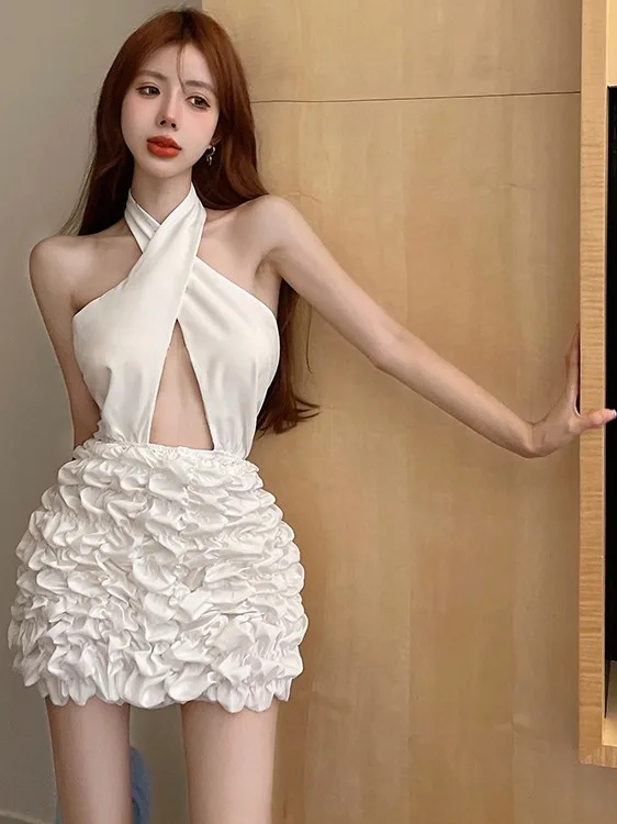 

Elegant Cross-Neck Unique Design Hollow out Shoulder Pleated Wrap Body Short Skirt White Dress Women Fashion Set Warm Style W...