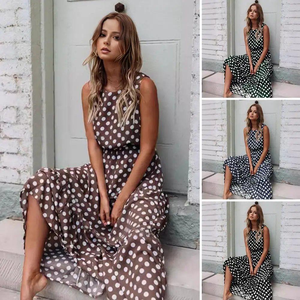 

Women Printed Dress Stylish Maxi Dress with Dot Print High Waist for Women for Dating Commuting or Vacation O Neck A-line Ankle