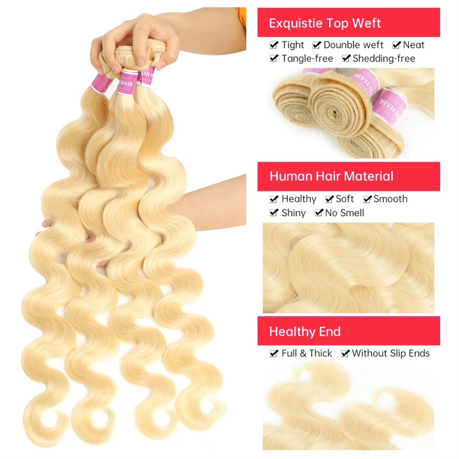 613 Blonde Body Wave Bundles Human Hair Remy Brazilian 1/3/4 Human Hair Bundles Deal 100% Human Hair Extensions 34 36 38 40 Inch