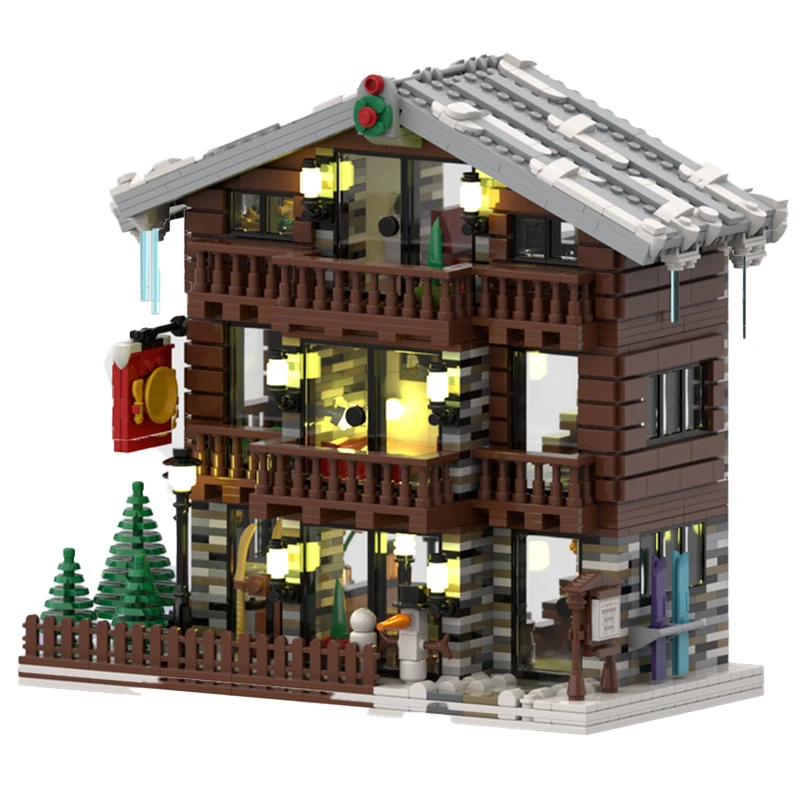 MOC Winter Winter Senior Village  Restaurant and Hotel Building Blocks Assembly Model Bricks Display Creative Children Toys Gift