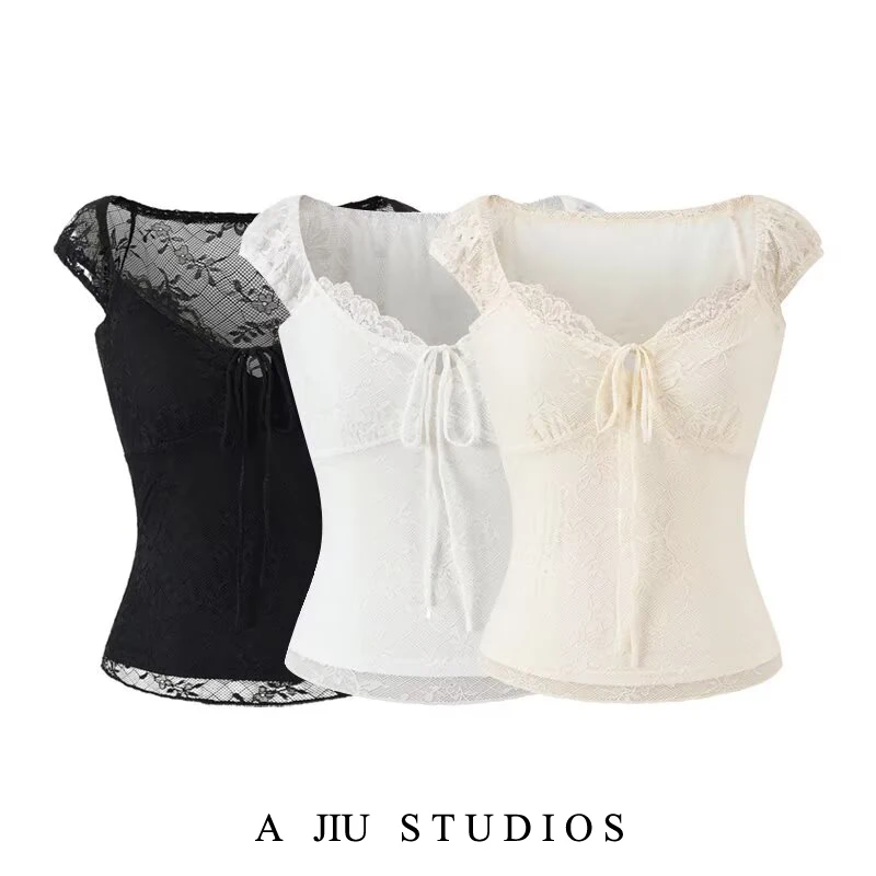 

Pure Desire Sexy Lace Splice U-Neck Short Sleeve T-Shirt Women Summer Short Style Slim Fit Waist Cinching Slimming Top