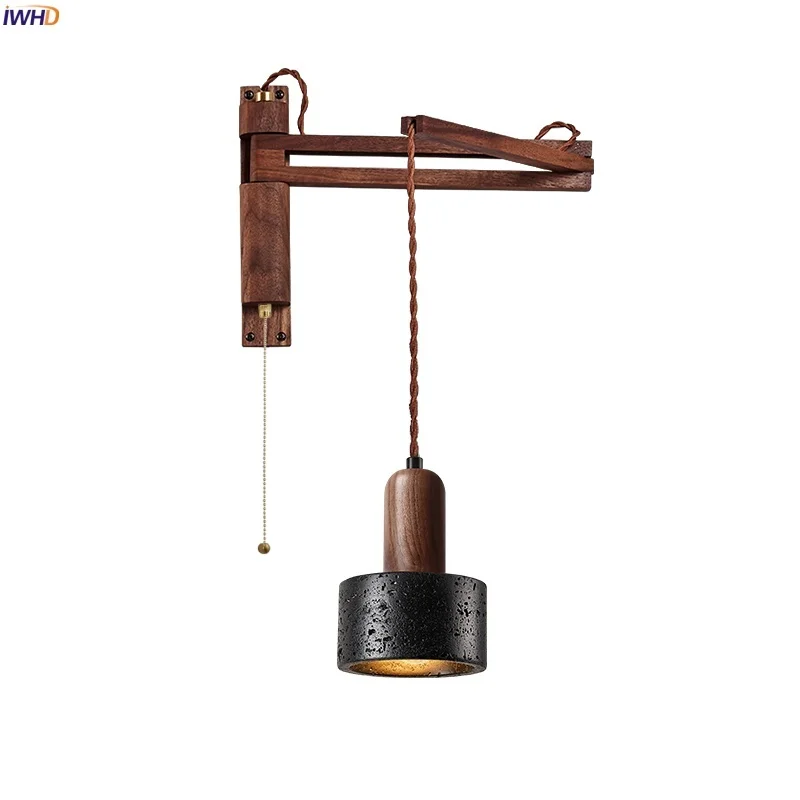 

IWHD Mid Century Modern LED Wall Light Fixtures Black Travertine Stretching And Folding Reading Bedside Lamps Applique Murale