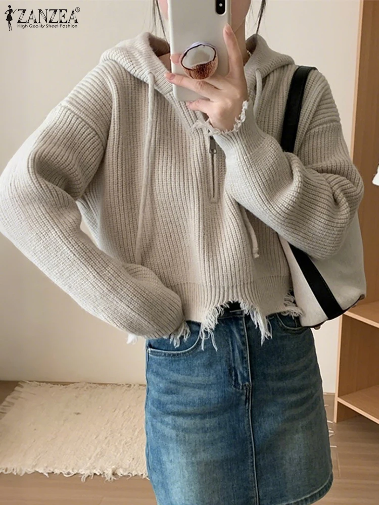 

Стильные осенние пуловеры с капюшоном, свитера ZANZEA, зима 2021, облегающие вязаные свитера с длинными рукавами, джемперы на молнии, пальто, уличная одежда