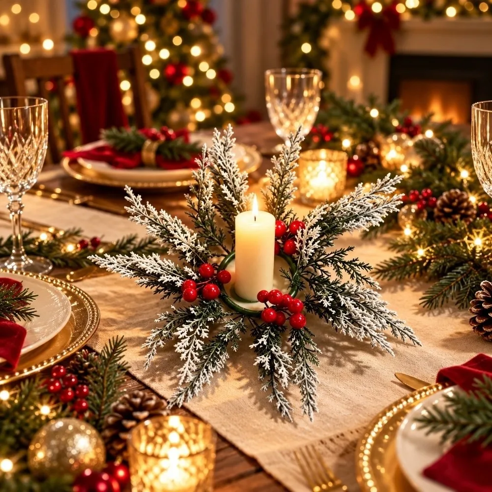 Red Berry Christmas Wreath Candlestick DIY Table Decoration Wreath Candle Holder Pine Needle Home Ornaments