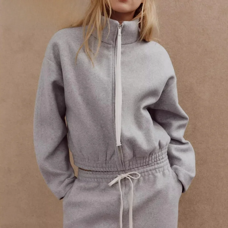 

Spring New Arrival Women's Zipper Fabric Stand Collar Long Sve Jaet Outerwear Buet Pants Street Sle Slim Fit ort Coat
