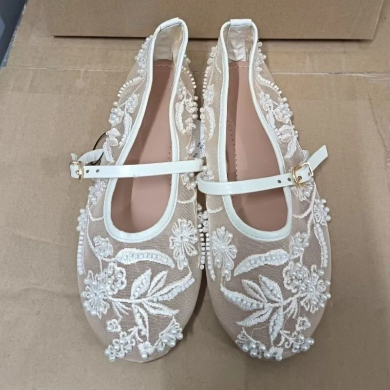 

2025 Leisure Summer Women Mary Jane Shoes Soft Sole Embroidery Flower Stringbead Breathable Mesh Brand Ladies Ballet Flats