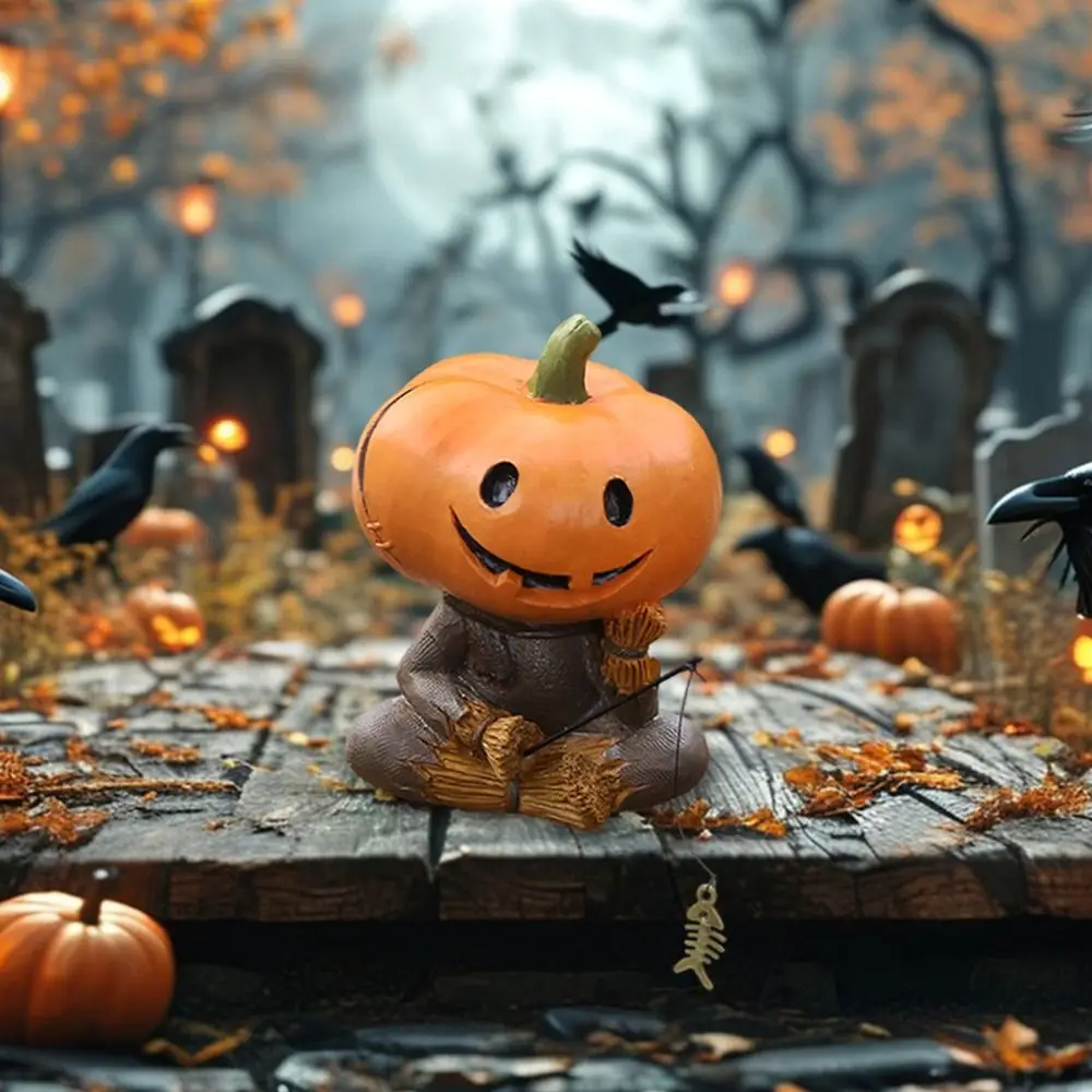 

Resin Pumpkin Scarecrow Fishing Statue Cartoon Creative Pumpkin Elf Sculpture Cute Waterproof Miniatures Figurine Halloween