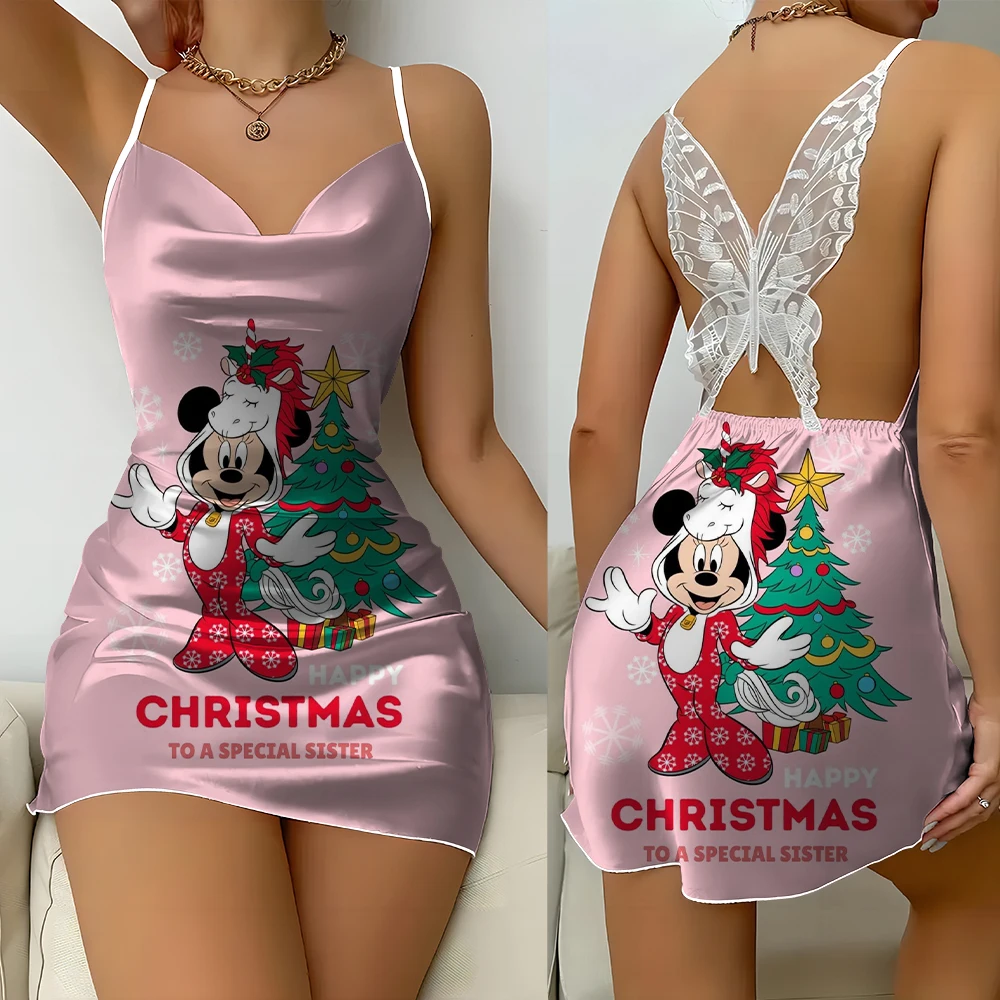 Vestido de noche de encaje con espalda descubierta para mujer, camisón sexy de mariposa, Disney, Mickey Mouse, Minnie, satén, vestido cómodo de verano