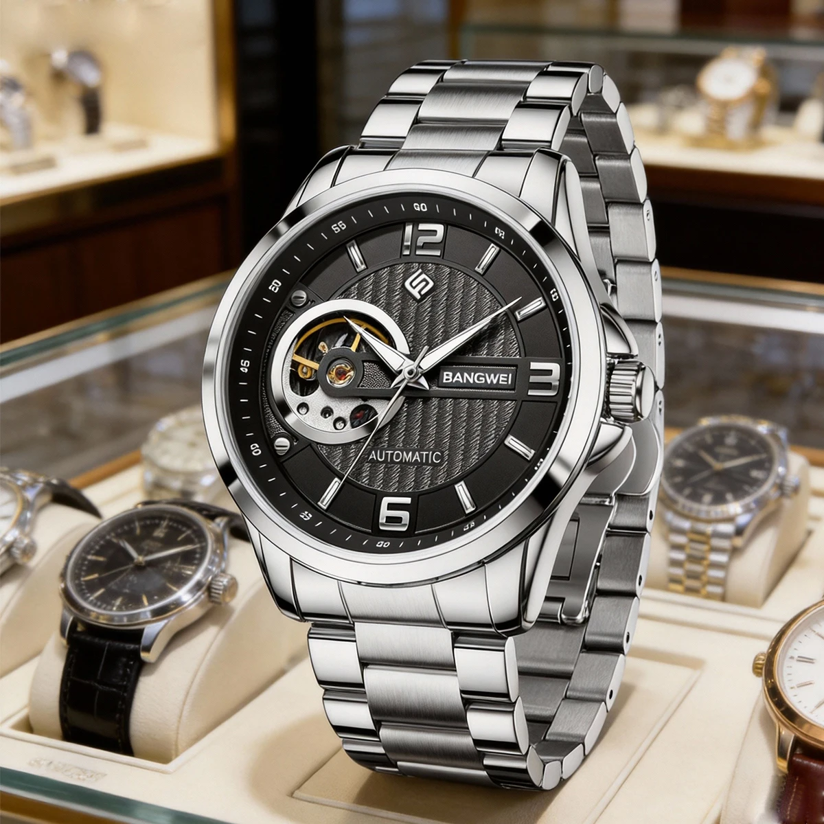 

Часы BANGWEI, автоматические, премиум-класса, с сапфировым стеклом, механические, спортивные, из нержавеющей стали, водонепроницаемые, мужские.