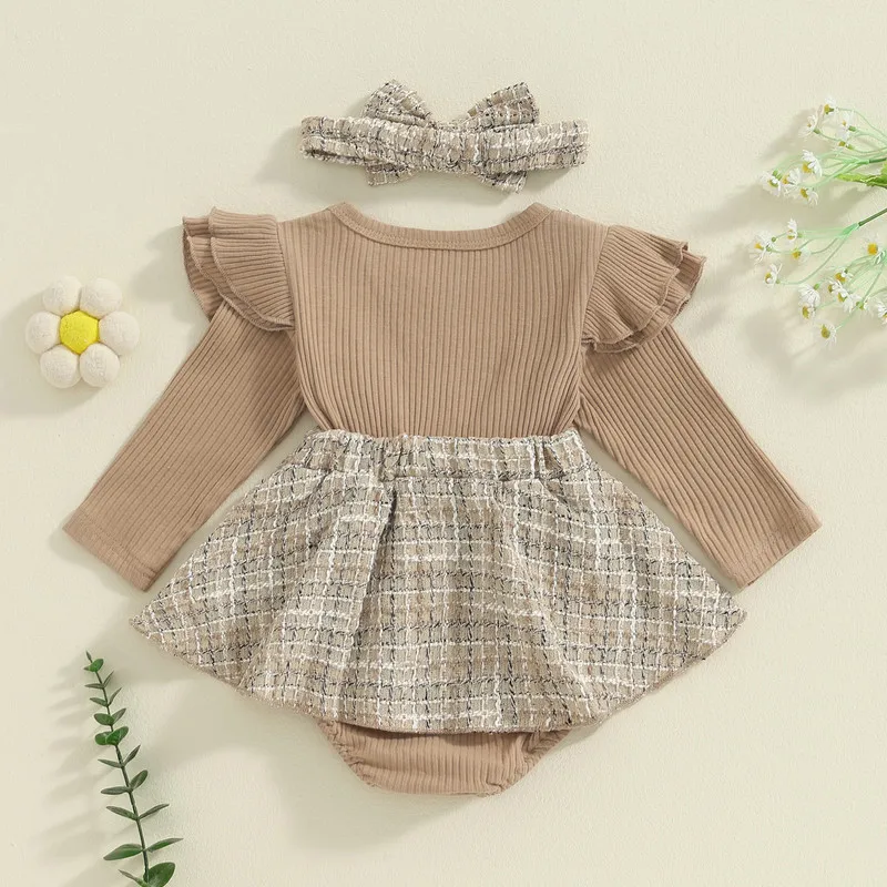 RUEWEY 0 to 18 Months Baby Girls Bodysuit Dress Autumn Clothes Ribbed Patchwork Long Sleeve Round Neck Jumpsuit with Bow