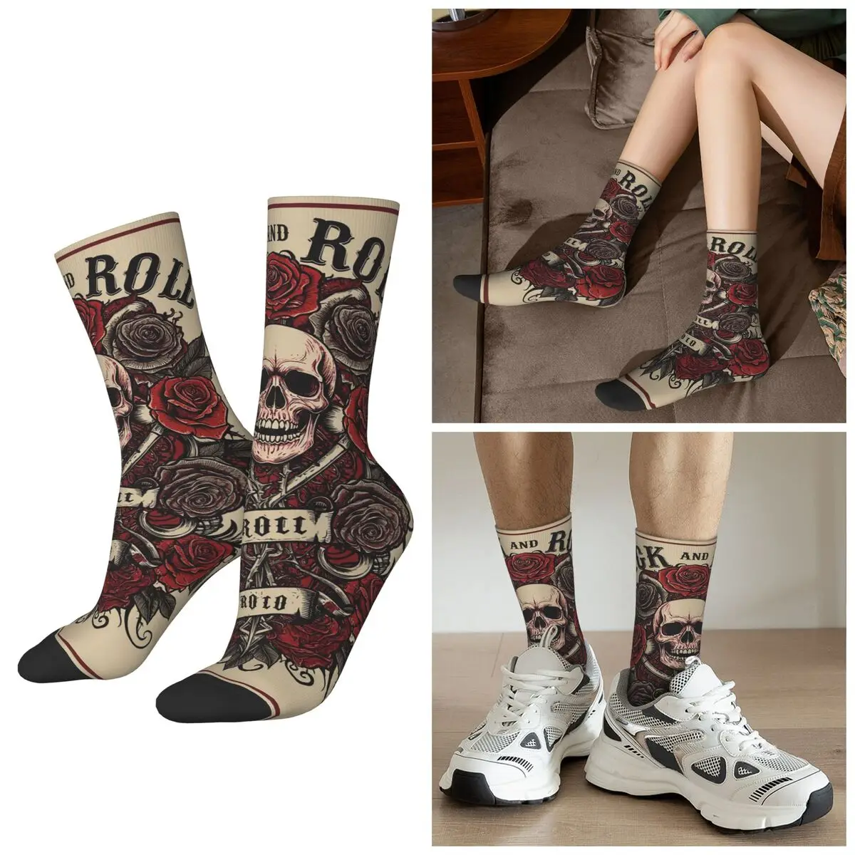 

All Seasons Crazy Rock Skull Rose Socks Harajuku Crew Socks Super Soft Stockings for Men Women Gifts