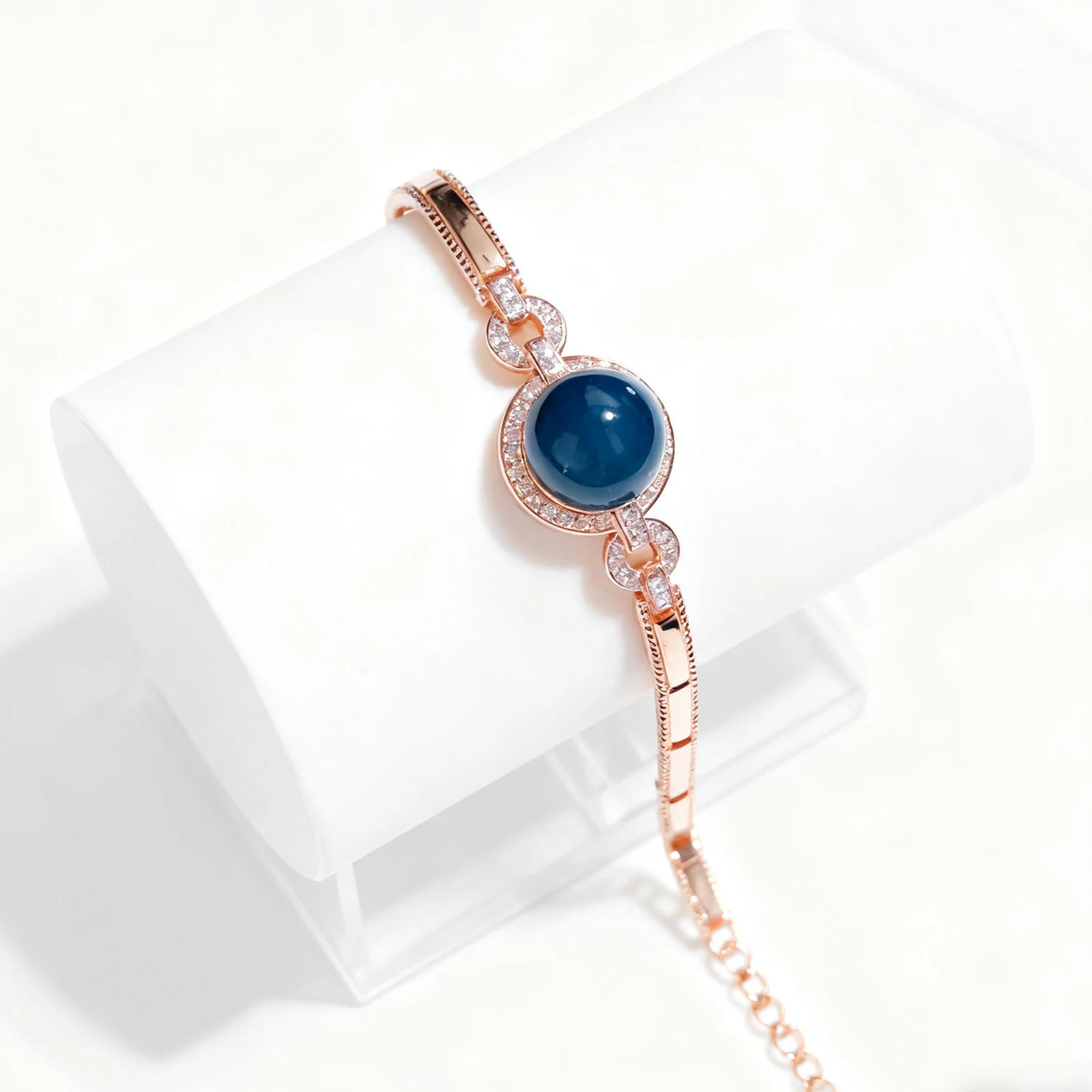 

Romantic Blue Pearl Bracelet Rose Gold Silver with Diamond Accents 11mm Blue Amber Bead Anniversary Gift for Girlfriend