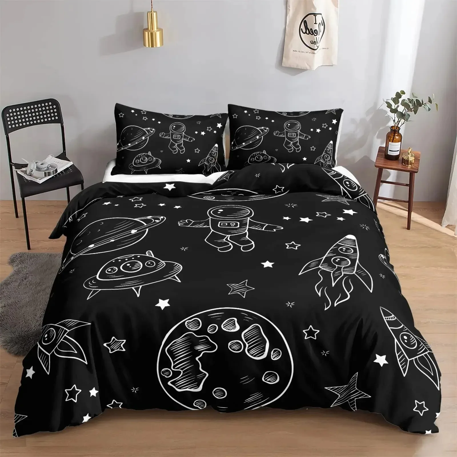 Modern Rocket Ship Duvet Cover Set Full Size,Space Ship Galaxy Bedding Set,boys Girls Rocket Planet Star Cartoon Comforter Cover