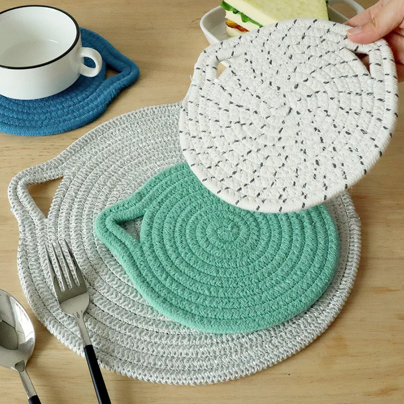 1Pc 18cm/30cm Cat Ears Shape Round Cotton Woven Coaster Hanging Placemat Dining Table Plate Mat Kitchen Accessories