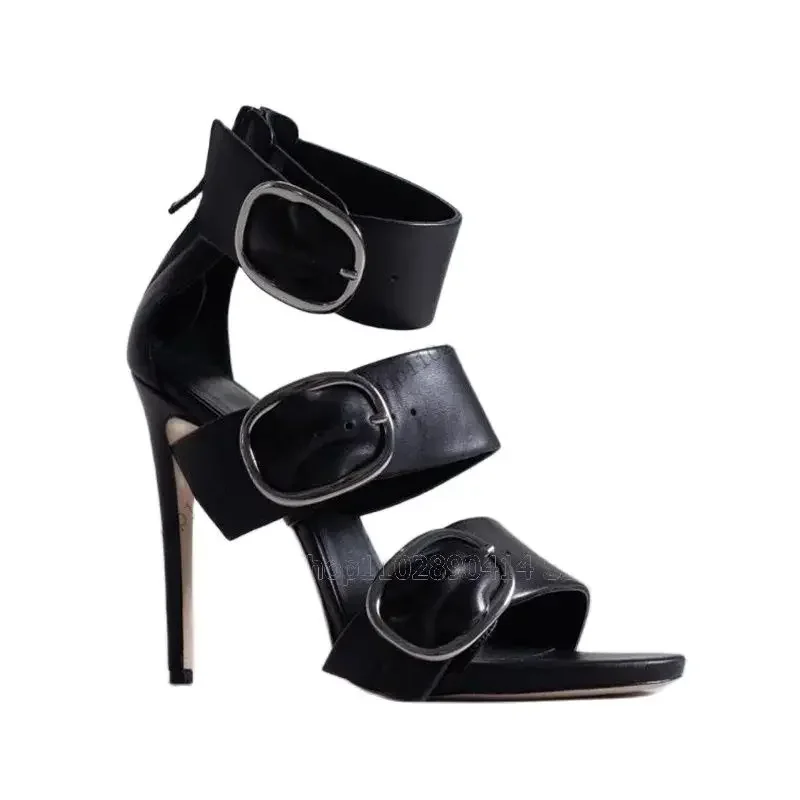 

Black Buckle Decor Hollow Design Open Toe Sandals Side Zipper Women Shoes Thin High Heels Fashion Party 2023 Zapatos Para Mujere