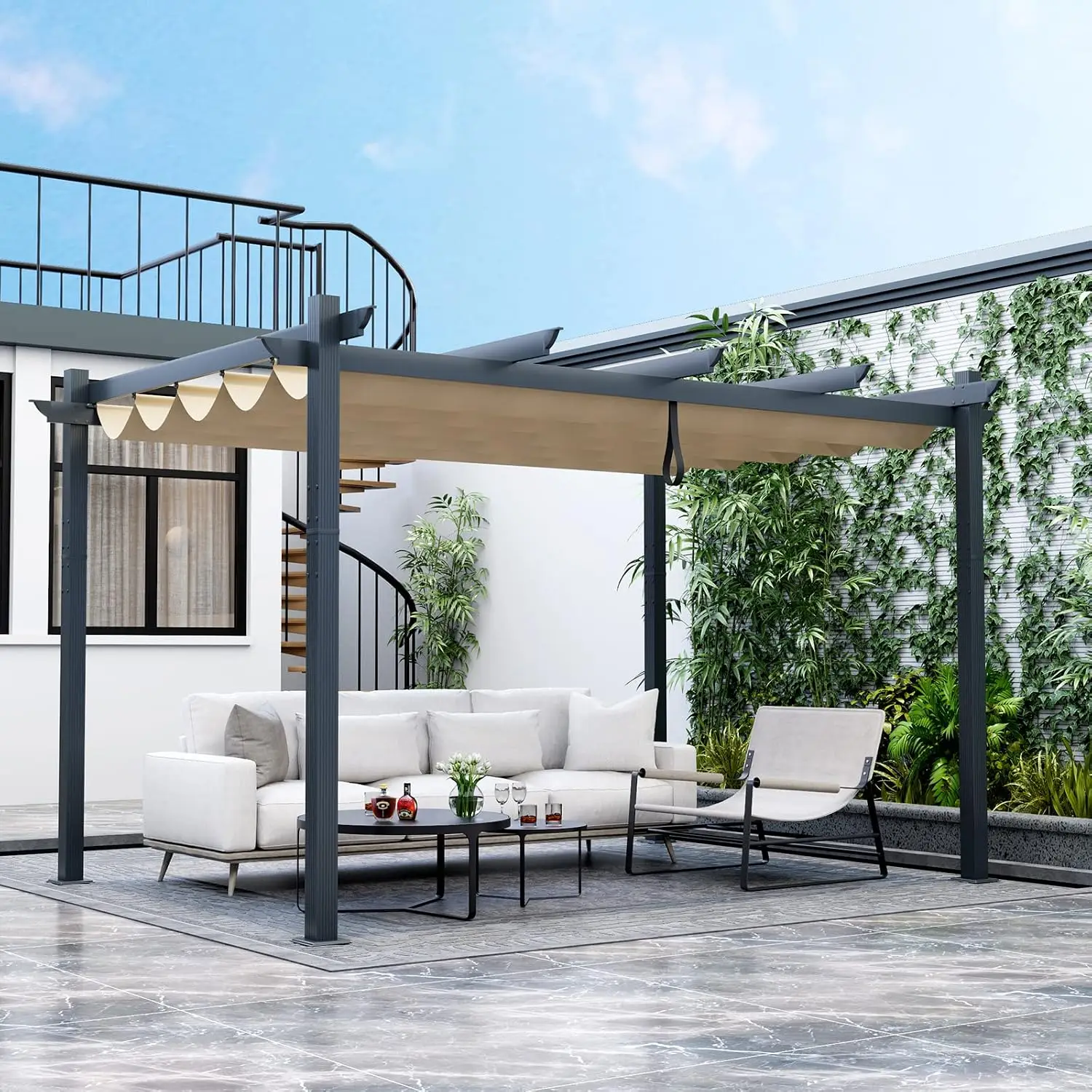 10x13 Ft Outdoor Pergola with Retractable Canopy, Heavy-Duty Aluminum Patio Shelter Pavilion for Deck, Garden, Yard, Beige
