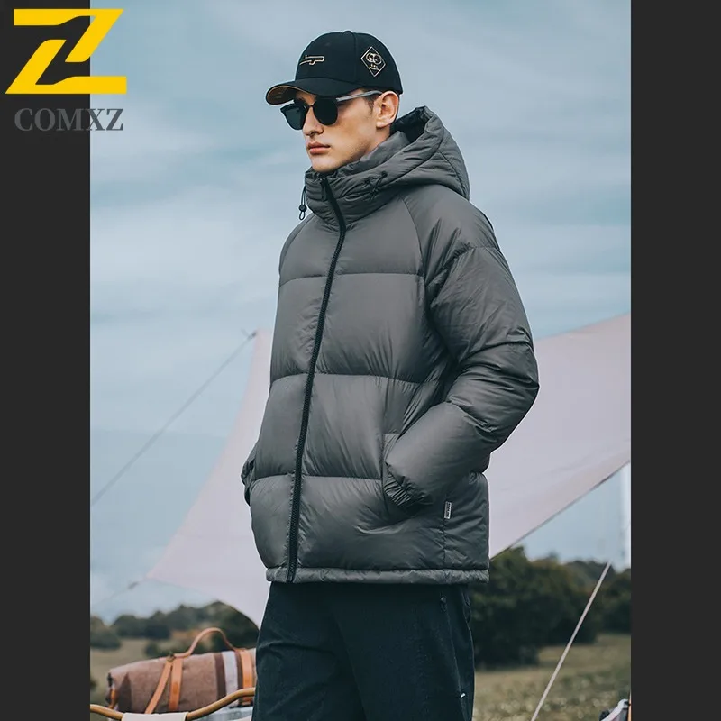 

COMXZ Men's Down Jacket 2025 Solid Color Cold-Resistant Casual Sporty Skiing Parker Coat Urban Hooded Comfortable Padding Coat
