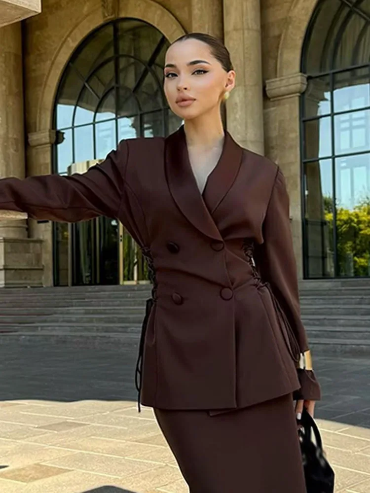 

HH Woman Fashion Long Sleeve Jackets Solid Turn-Down Collar Lace-Up Decoration Double Breasted Female Autumn Casual Chic Coats