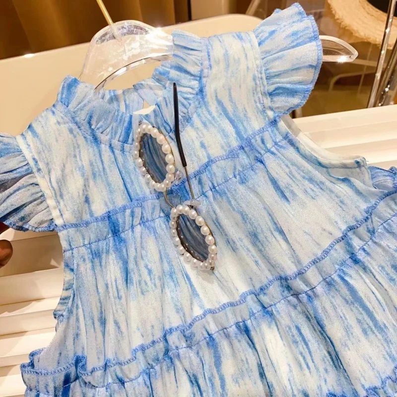 New Girl's Small Flying Sleeve Beach Style Blue Layered Temperament Princess Vest Dress2024Summer Clothing One Piece Dropshippin