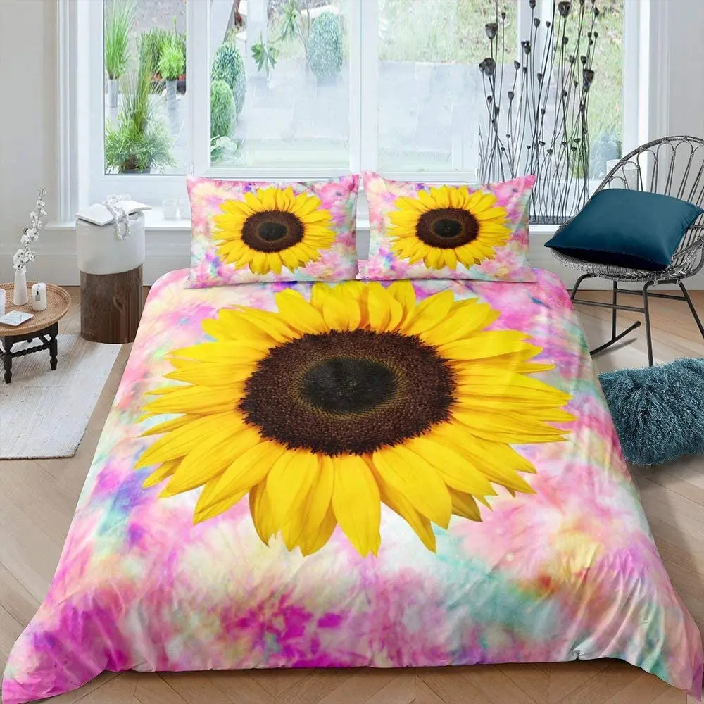 

Sunflower Duvet Cover Set Polyester Comforter Cover Pink Tie Dye Bedding Set Yellow Petal Floral For Kids Girls Women King Size
