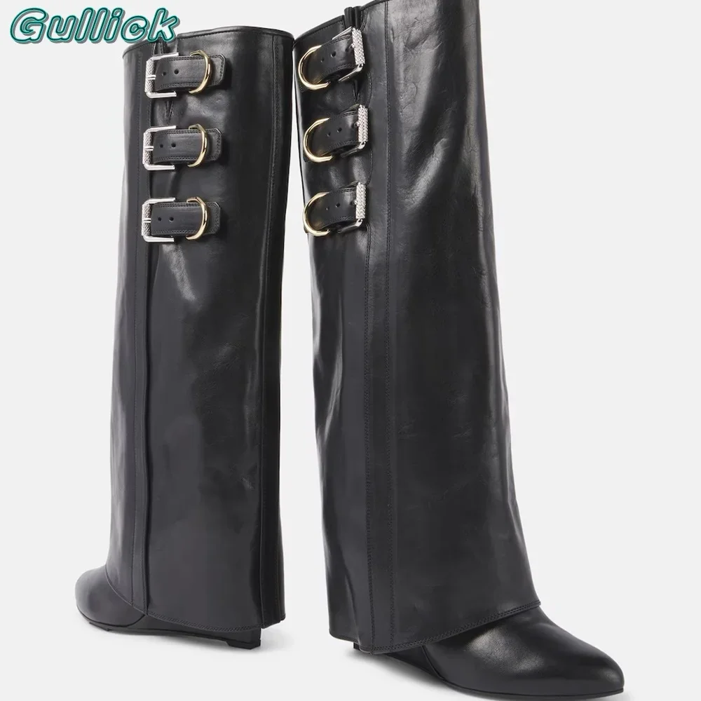 Shark Lock Buckle Boots Pointed Toe Black Leather Knee-High Boots Height Increasing Women Spring Winter Boots 2024 New Trend
