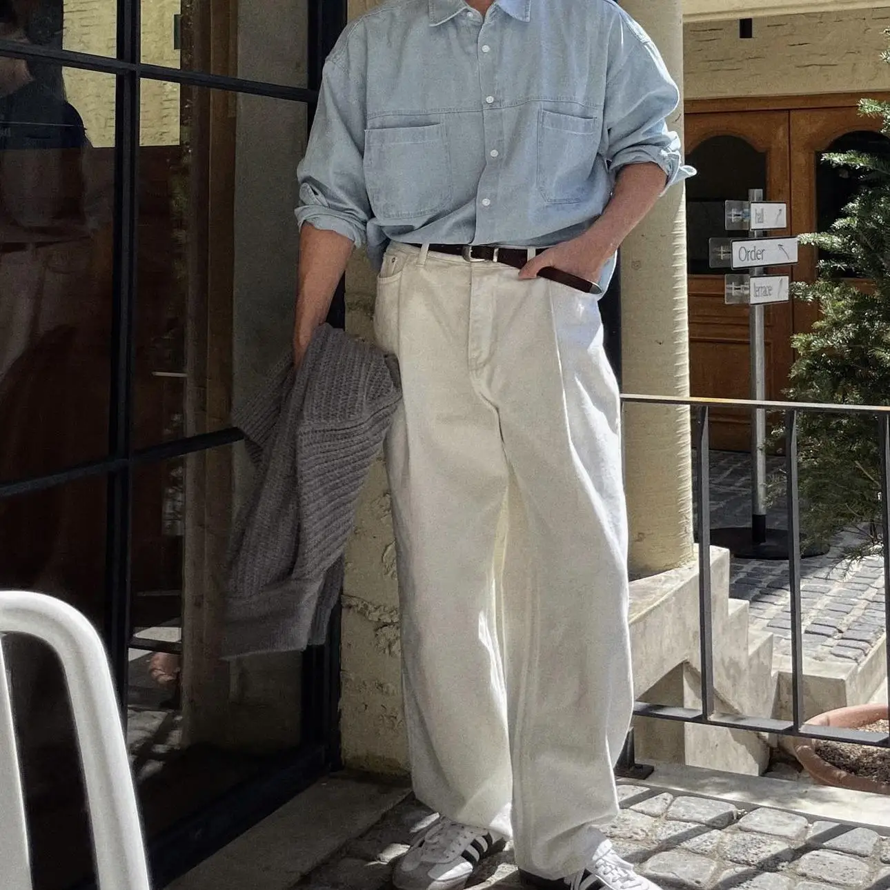 

Белые свободные прямые джинсы с отворотами для мужчин, повседневные брюки прямого кроя для осеннего сезона