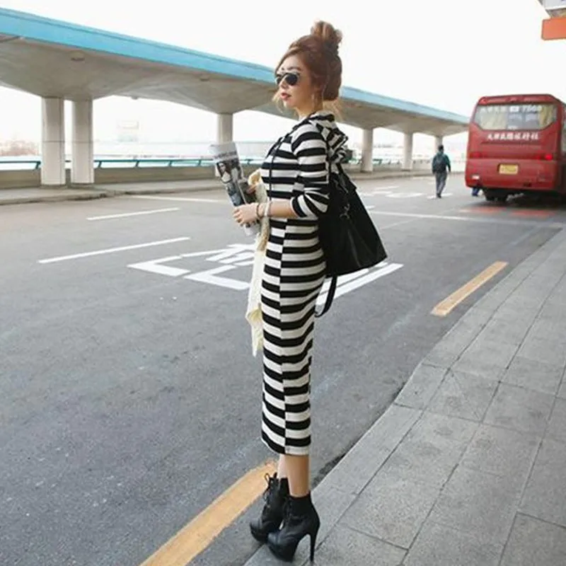 Autumn Women Stripes Print  Pullover Hoodie Dress Long Sleeve Dress Casual Loose Long Section Dress