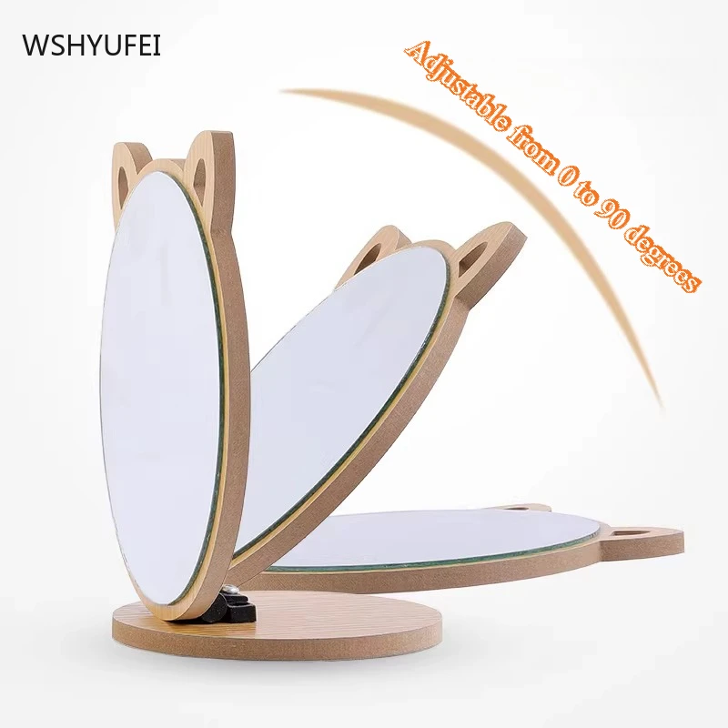 Creative Wooden Hd Makeup Mirror Sleek Minimalist Folding Desktop Beauty Vanity Mirror Home Bedroom Decoration Vanity Mirrorq