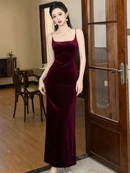 Elegant Annual Meeting Long Dress Women French Wine Red Black Velvet Strap Backless Slit Maxi Robe Femme Bottom Party Vestidos