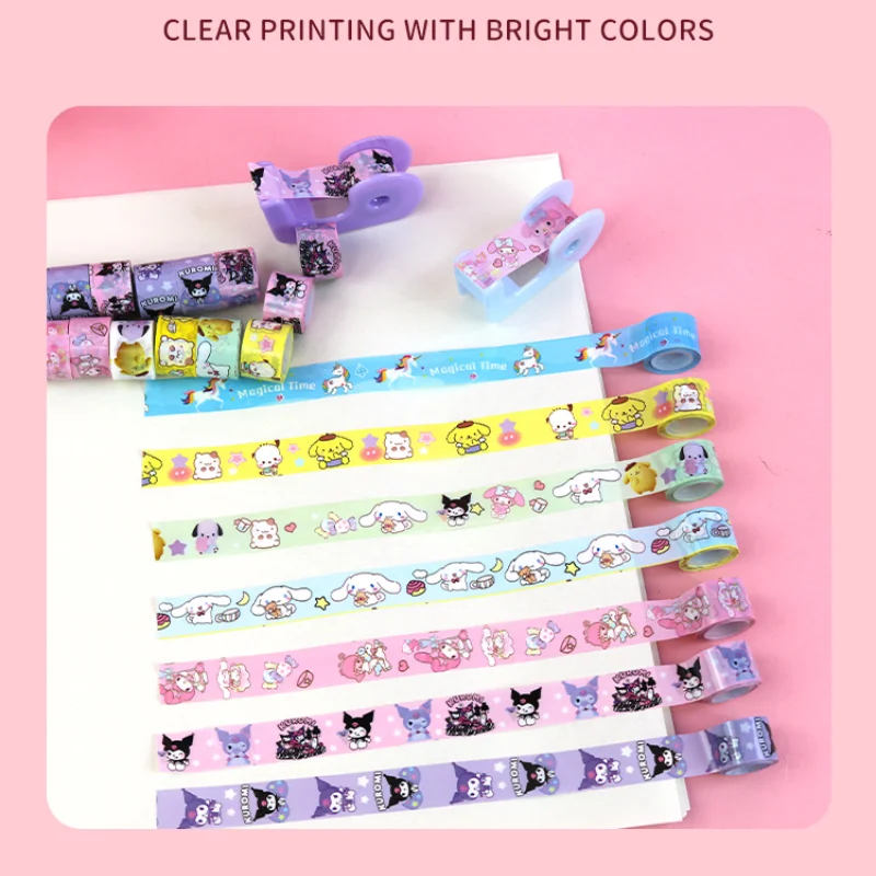 12 Rolls/box Sanrio Tape Sticker DIY Kawaii Kuromi Hello Kitty Cinnamoroll Tape Strips Adhesive Paper Photo Stickers Decorative